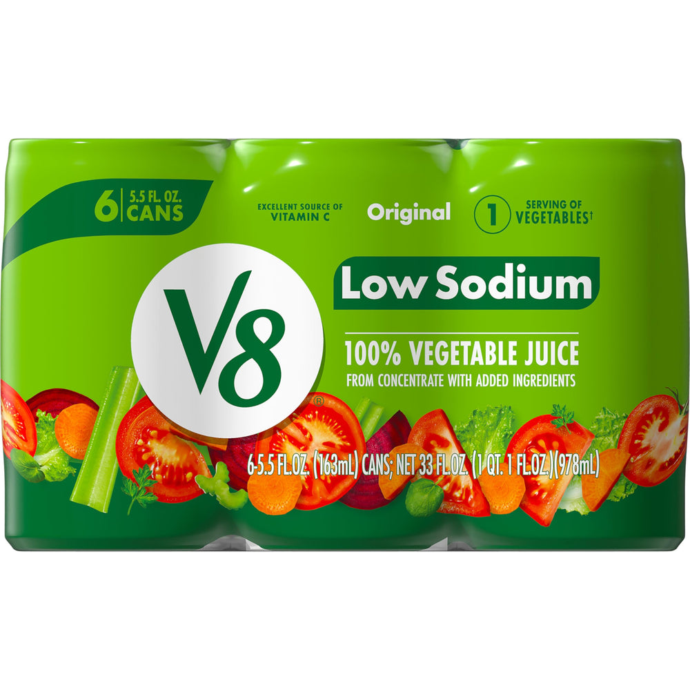 V8 Low Sodium can front view highlighting convenient veggie source.