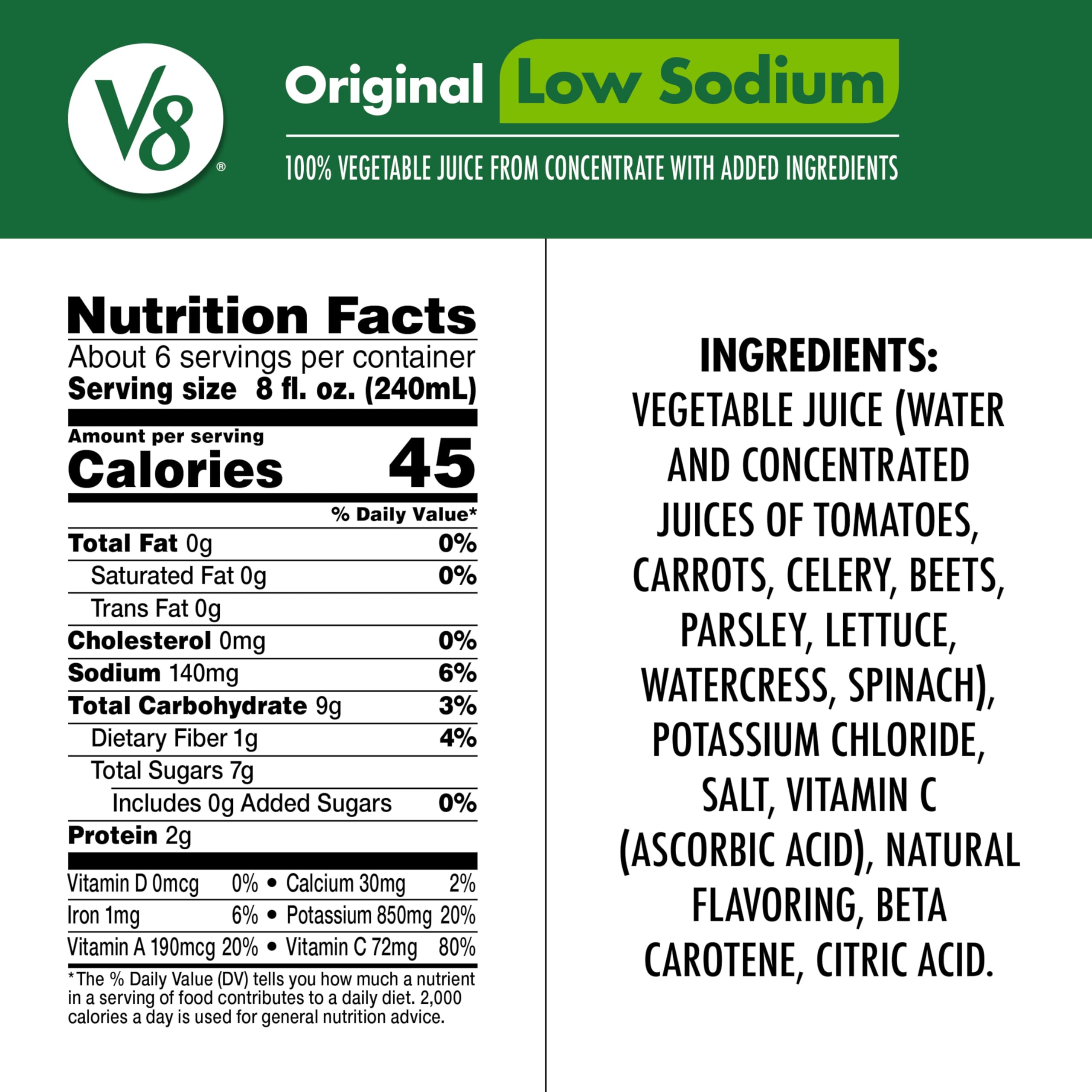 V8 Low Sodium pour into glass demonstrates versatile beverage option