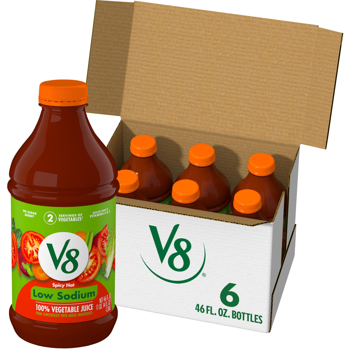 V8 Low Sodium Spicy Hot bottle front shows vibrant vegetables and bold flavor for breakfast or snacks.