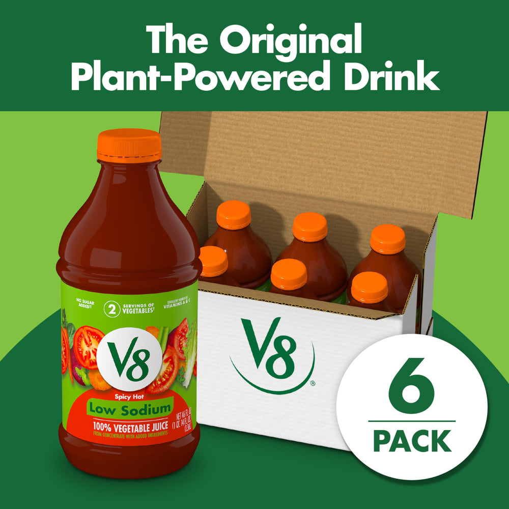 V8 Low Sodium Spicy Hot bottle pour captures a smooth stream ideal for sipping over ice.
