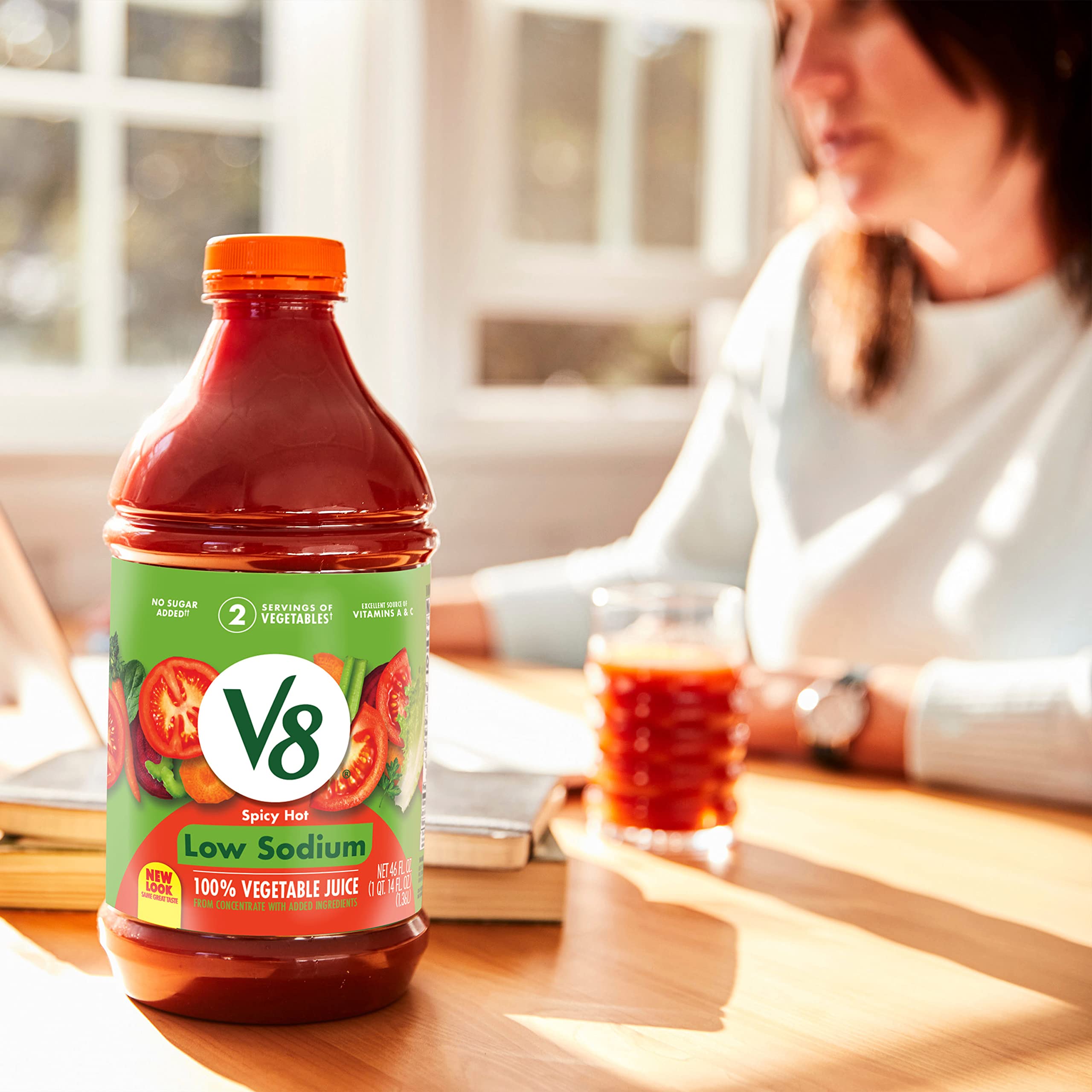 V8 Low Sodium Spicy Hot nutrition label shows 78% sodium reduction compared to original.
