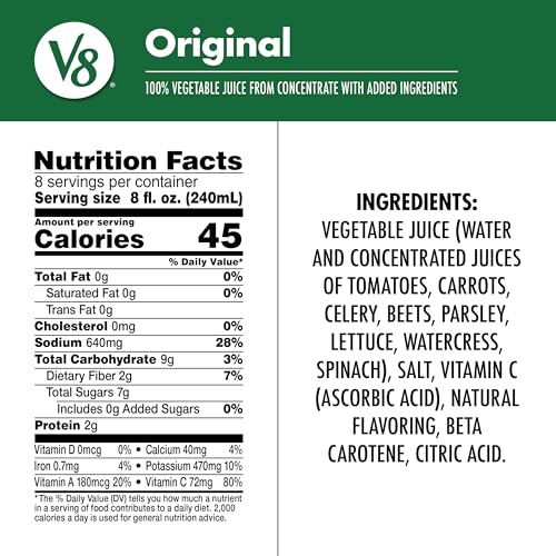 V8 Original bottle pour illustrating savory veggie juice in a glass
