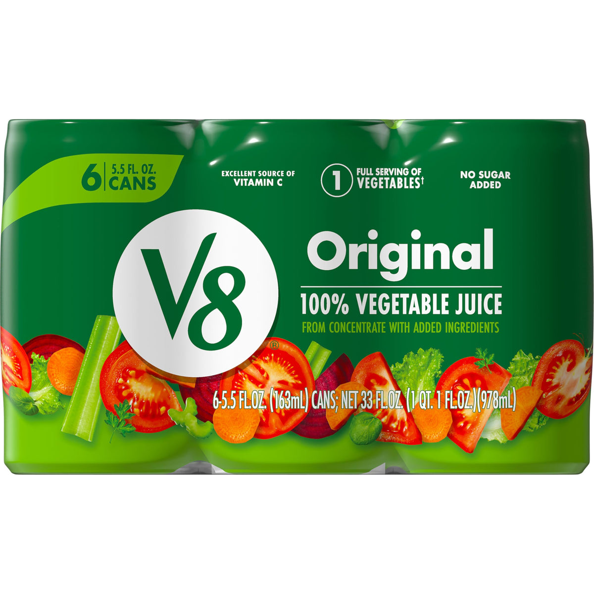 V8 Original 6-pack of 5.5 oz cans for quick veggie boost.