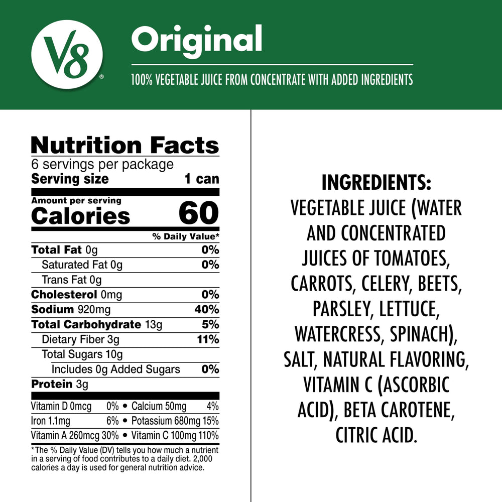 V8 Original can back label, gluten-free veggie blend for quick meals.