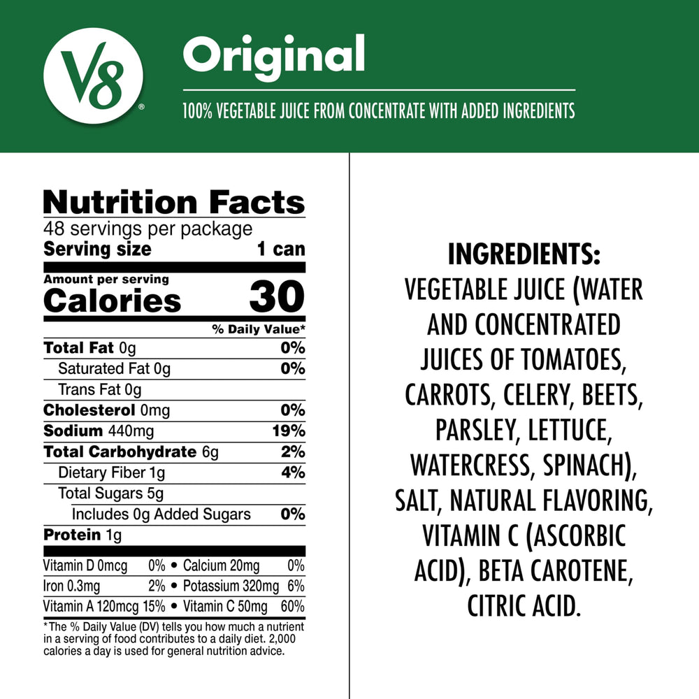 V8 Original glass of vegetable juice on ice; refreshing blend.