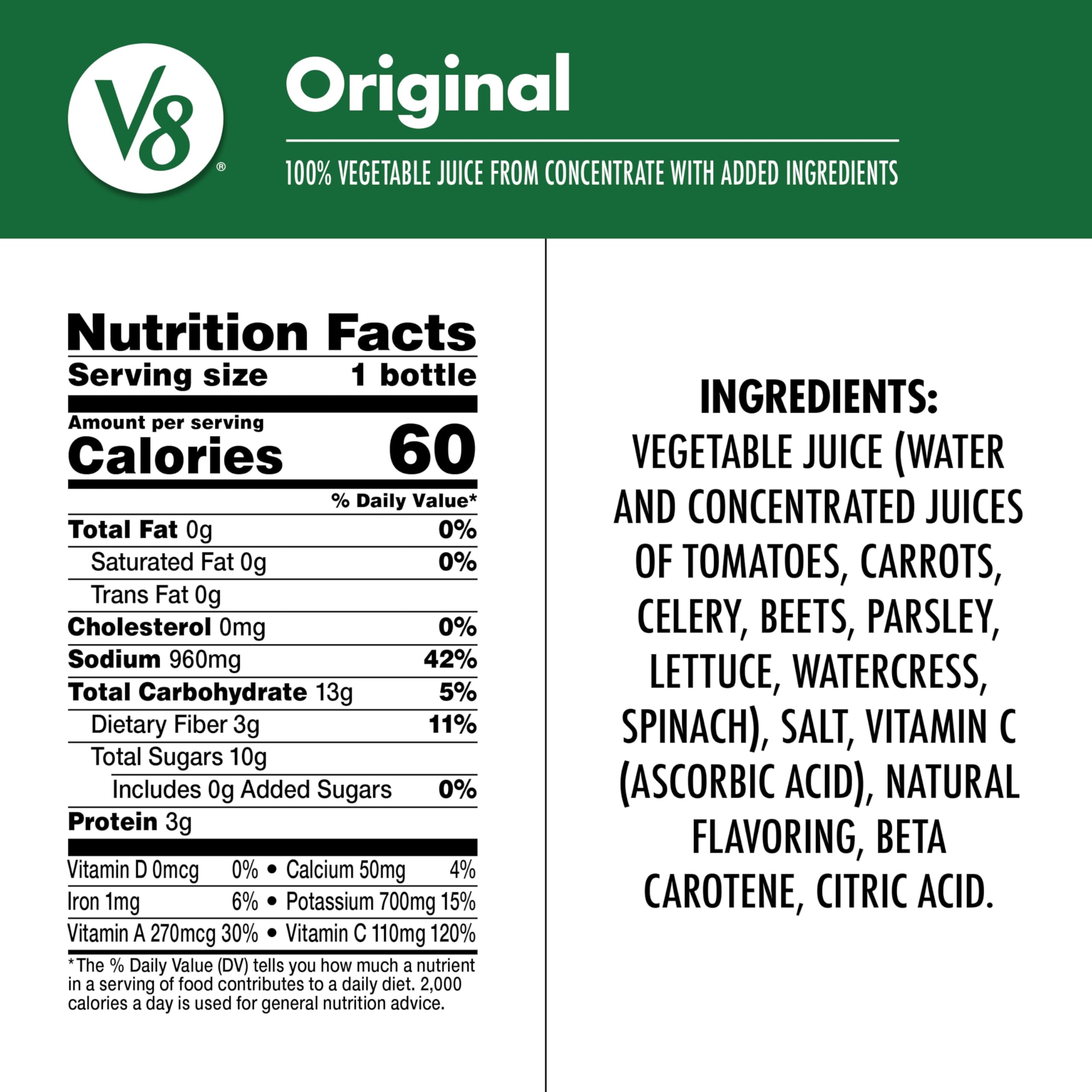 V8 Original juice pour in glass, showcasing rich vegetable flavor