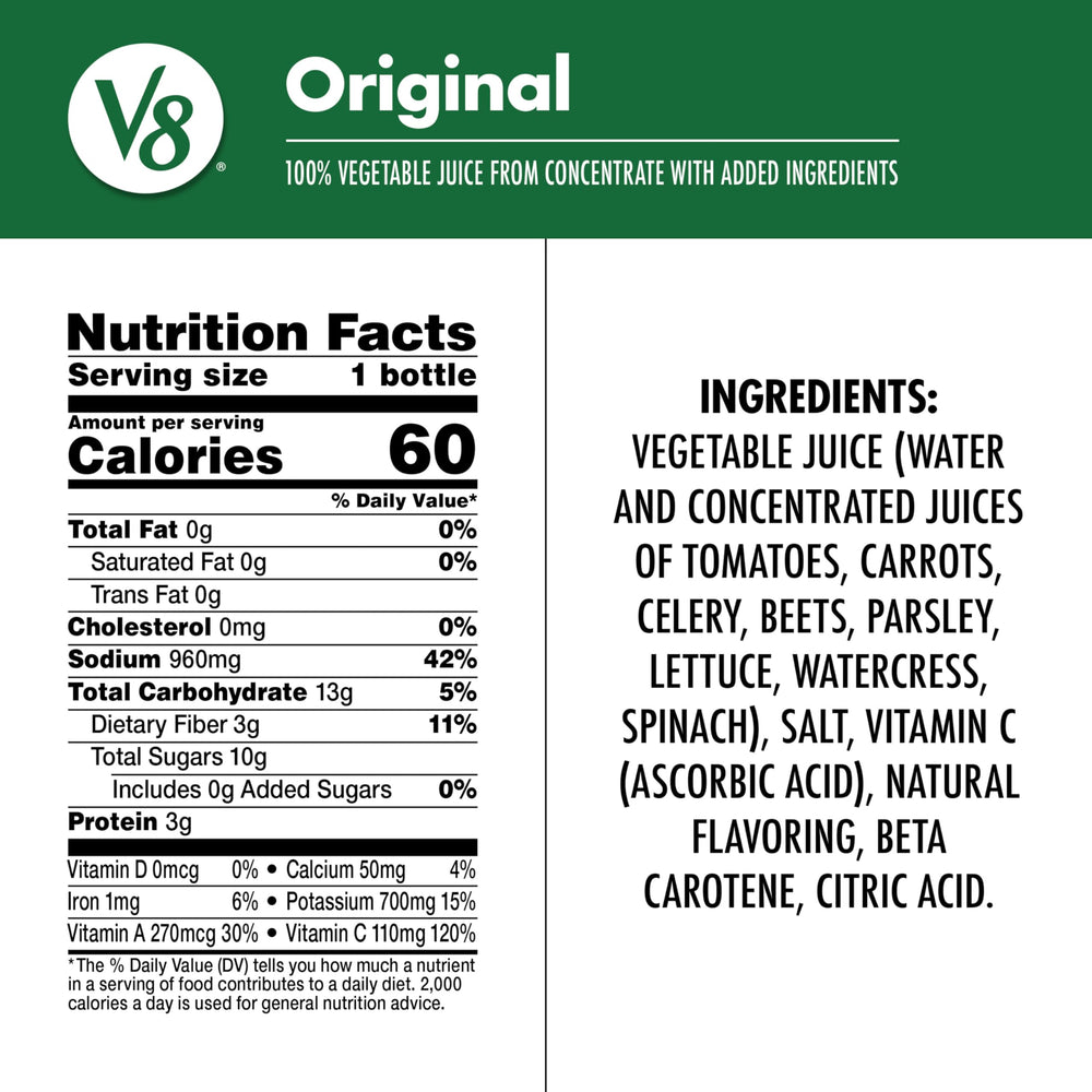 V8 Original juice pour in glass, showcasing rich vegetable flavor