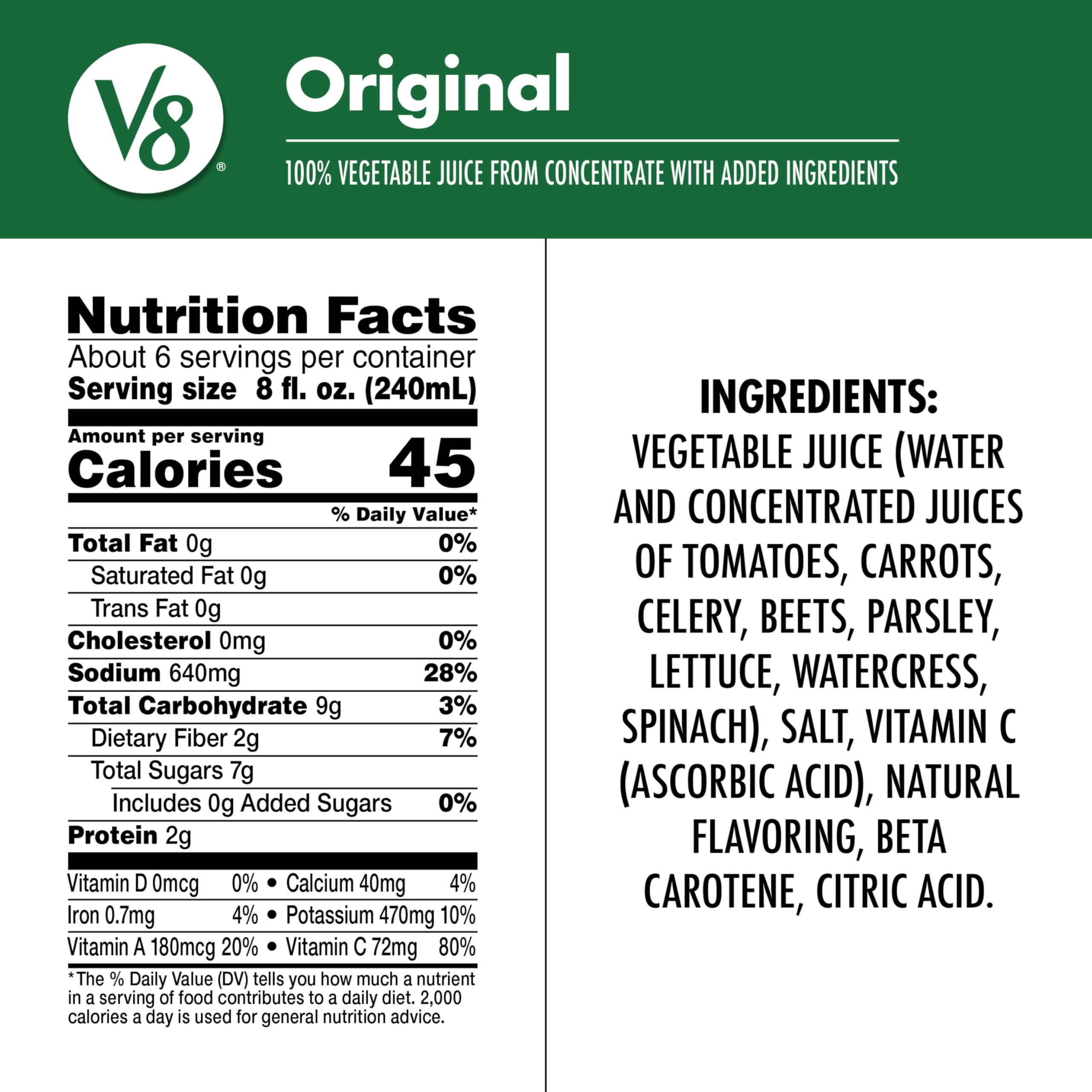 V8 Original 100% Vegetable Juice being poured over ice for a refreshing breakfast.