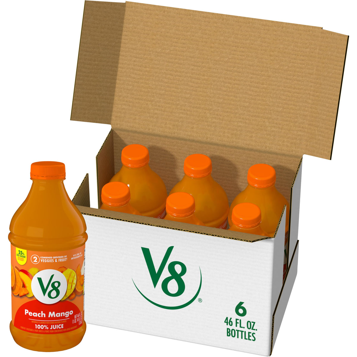 V8 Peach Mango 100percent juice bottle six-pack, a convenient plant-based refreshment.