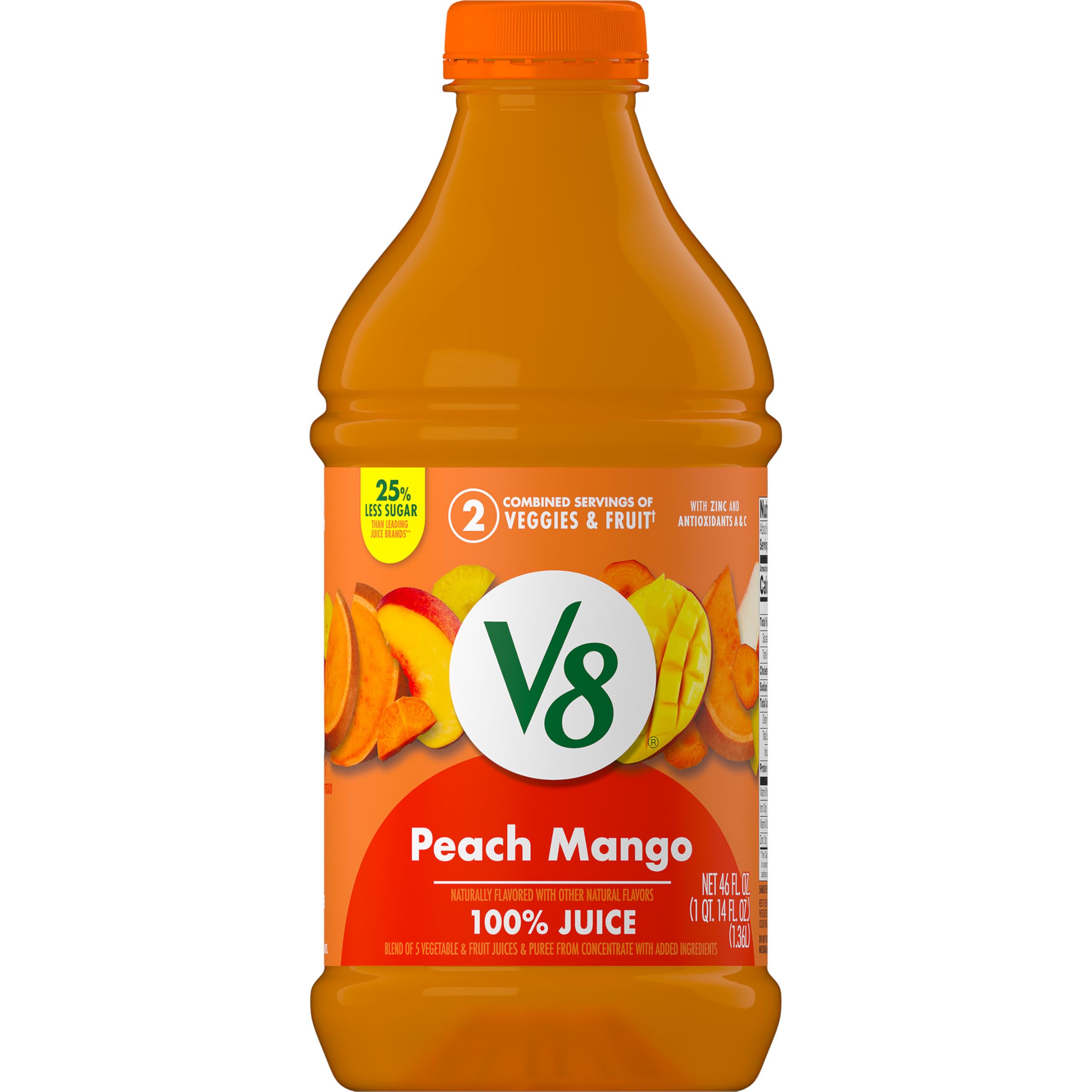 V8 Peach Mango bottle front view for on the go refreshment