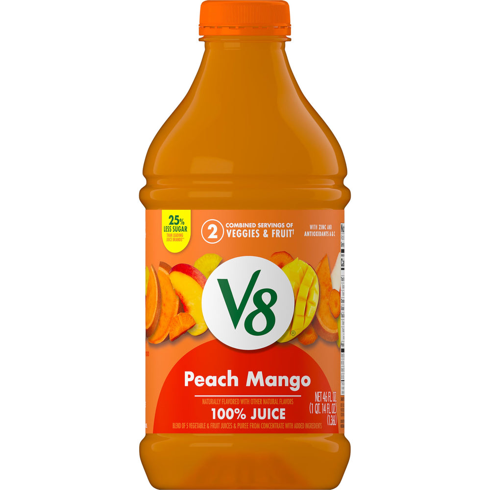 V8 Peach Mango bottle front view for on the go refreshment