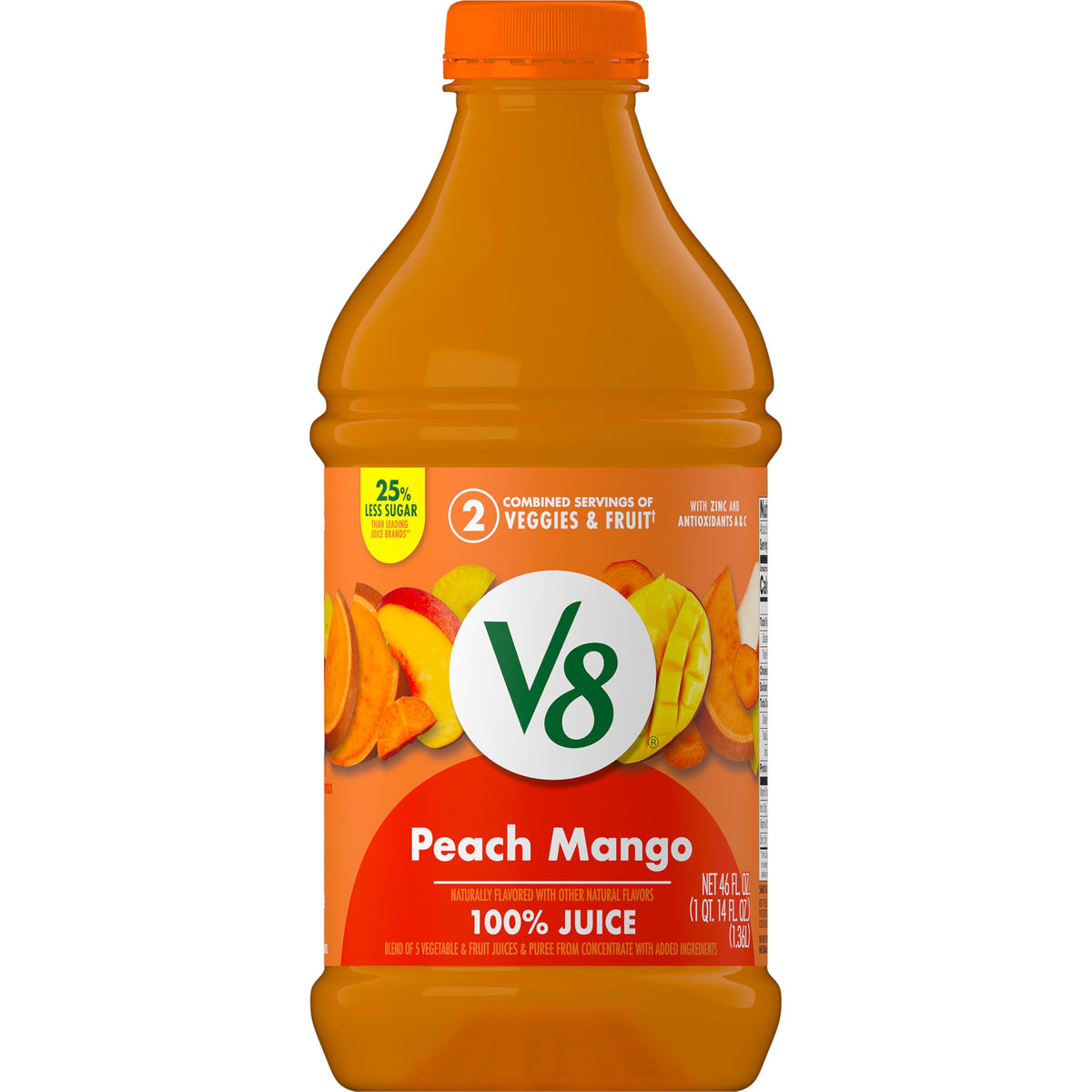 V8 Peach Mango bottle front view for on the go refreshment