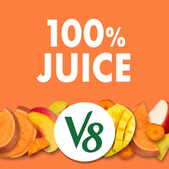 V8 Peach Mango ingredients close-up with mangos peaches carrots and apples