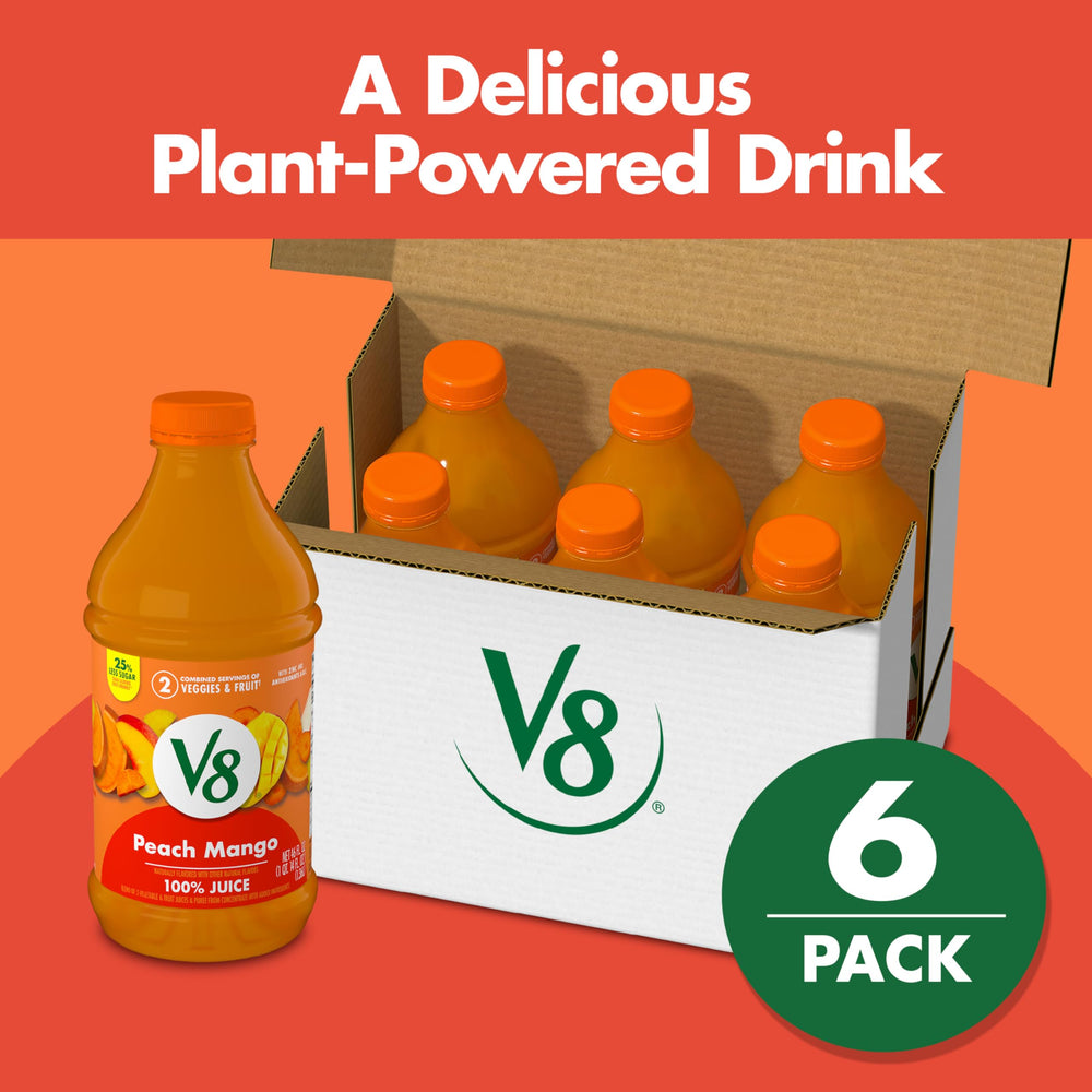 V8 Peach Mango juice poured into a glass with tropical aroma.