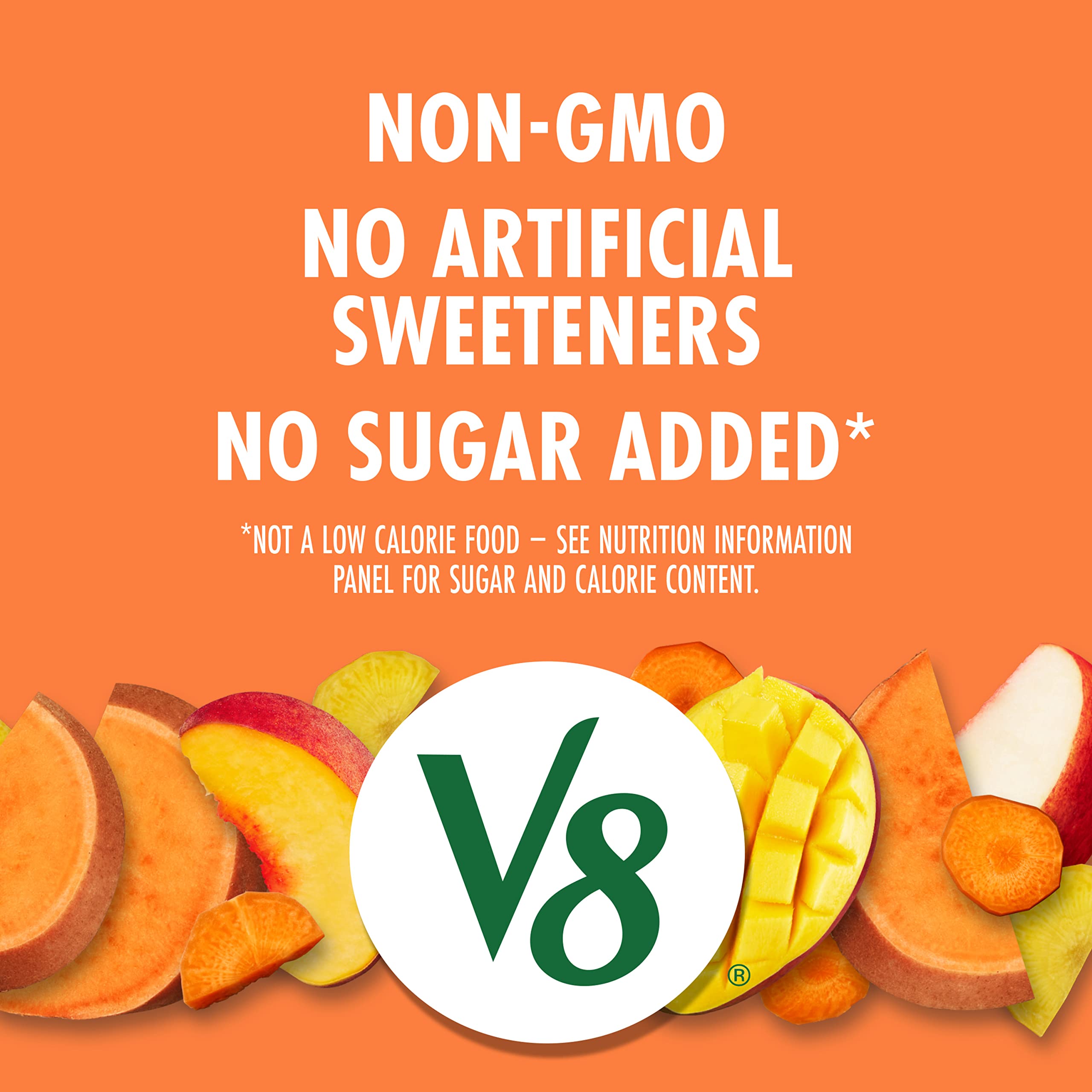 V8 Peach Mango two servings per 8 oz highlight.