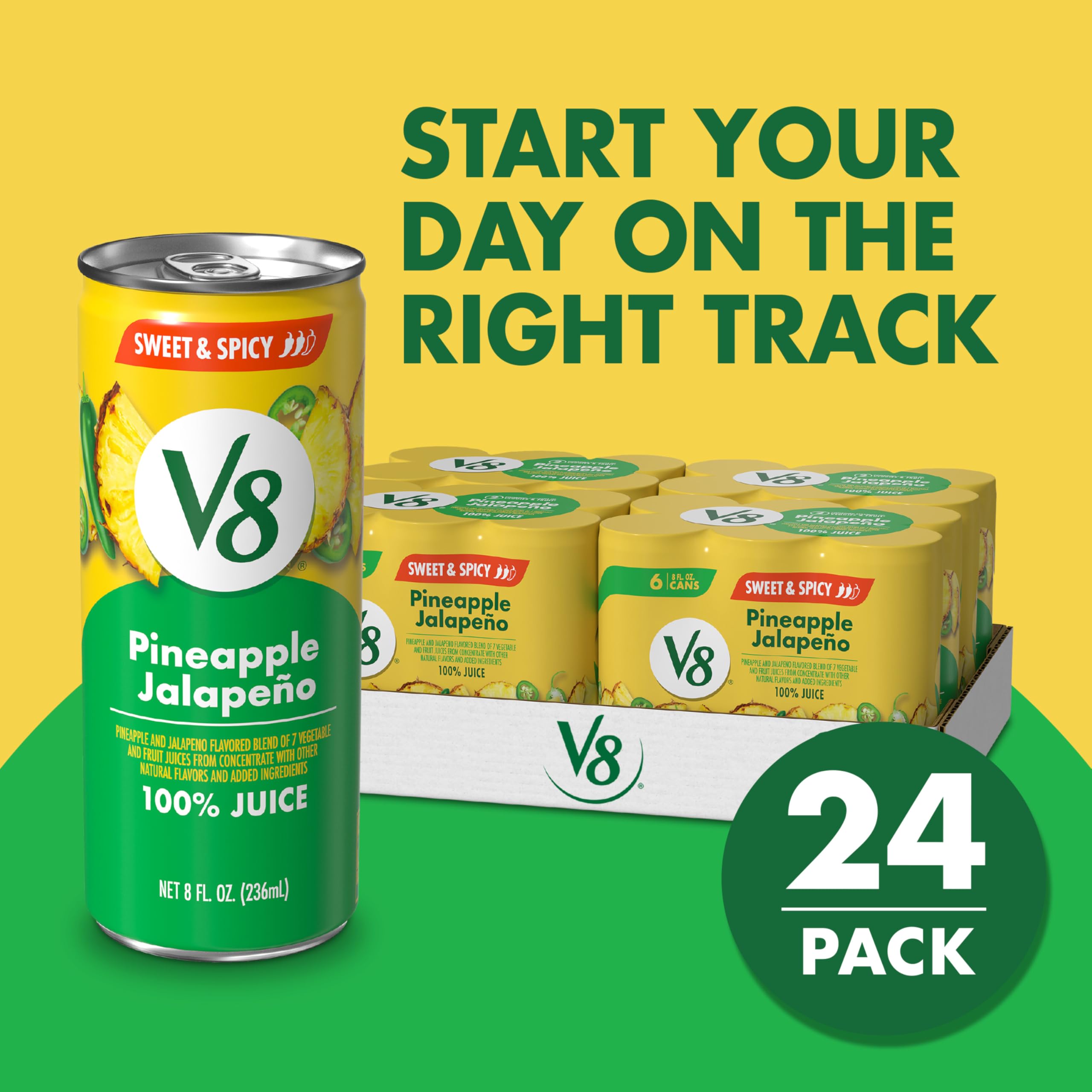 V8 Pineapple Jalapeño label closeup emphasizes 100% juice promise