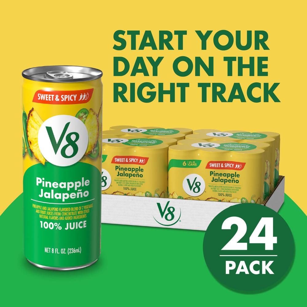 V8 Pineapple Jalapeño label closeup emphasizes 100% juice promise