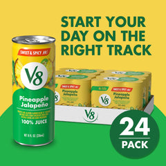 V8 Pineapple Jalapeño label closeup emphasizes 100% juice promise