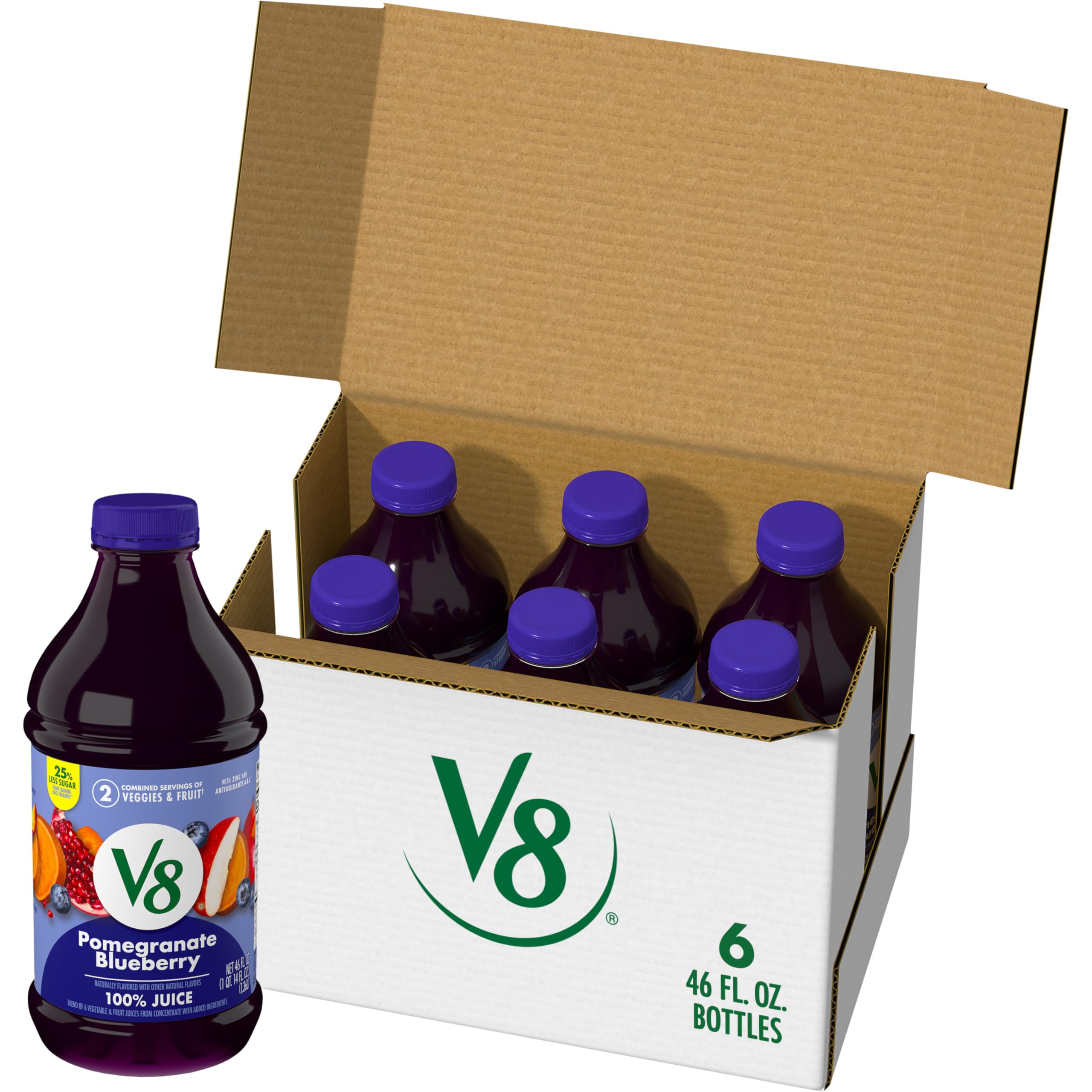 V8 Pomegranate Blueberry six-bottle pack for quick plant-powered hydration and snacking.