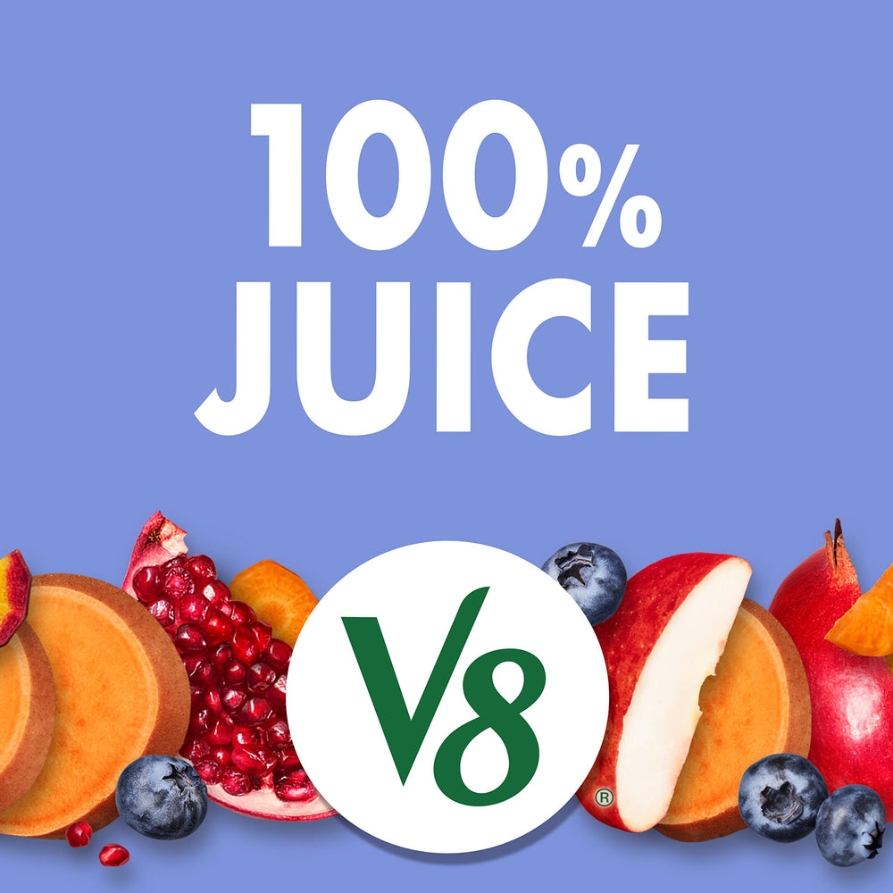 V8 Pomegranate Blueberry ingredients layout highlights fruits and vegetables in every sip.