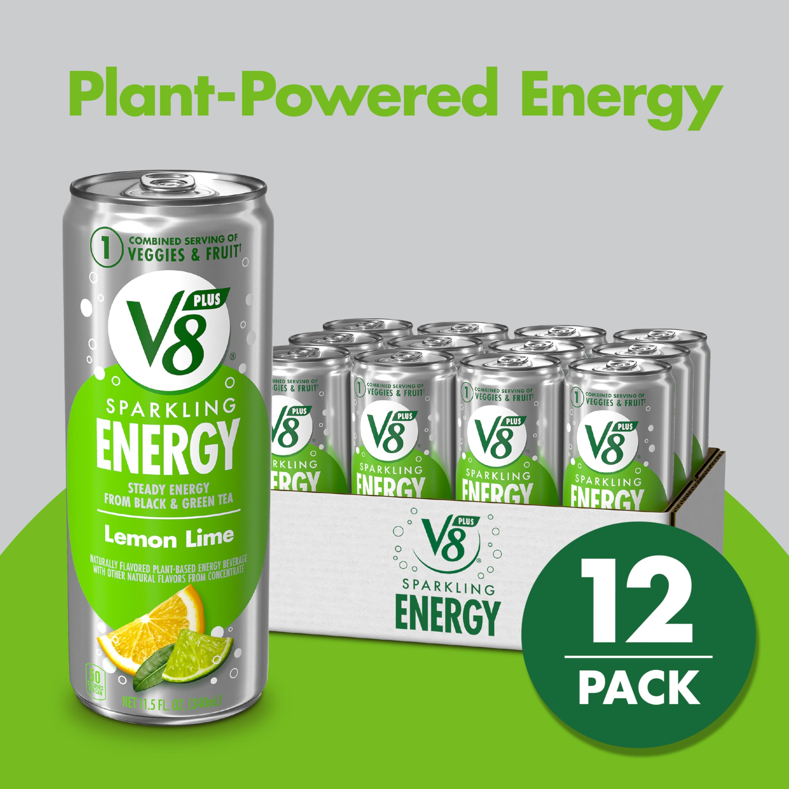 V8 Sparkling Energy Lemon Lime image highlighting tea-based caffeine and plant-based boost