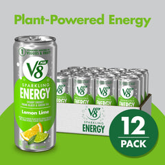 V8 Sparkling Energy Lemon Lime image highlighting tea-based caffeine and plant-based boost