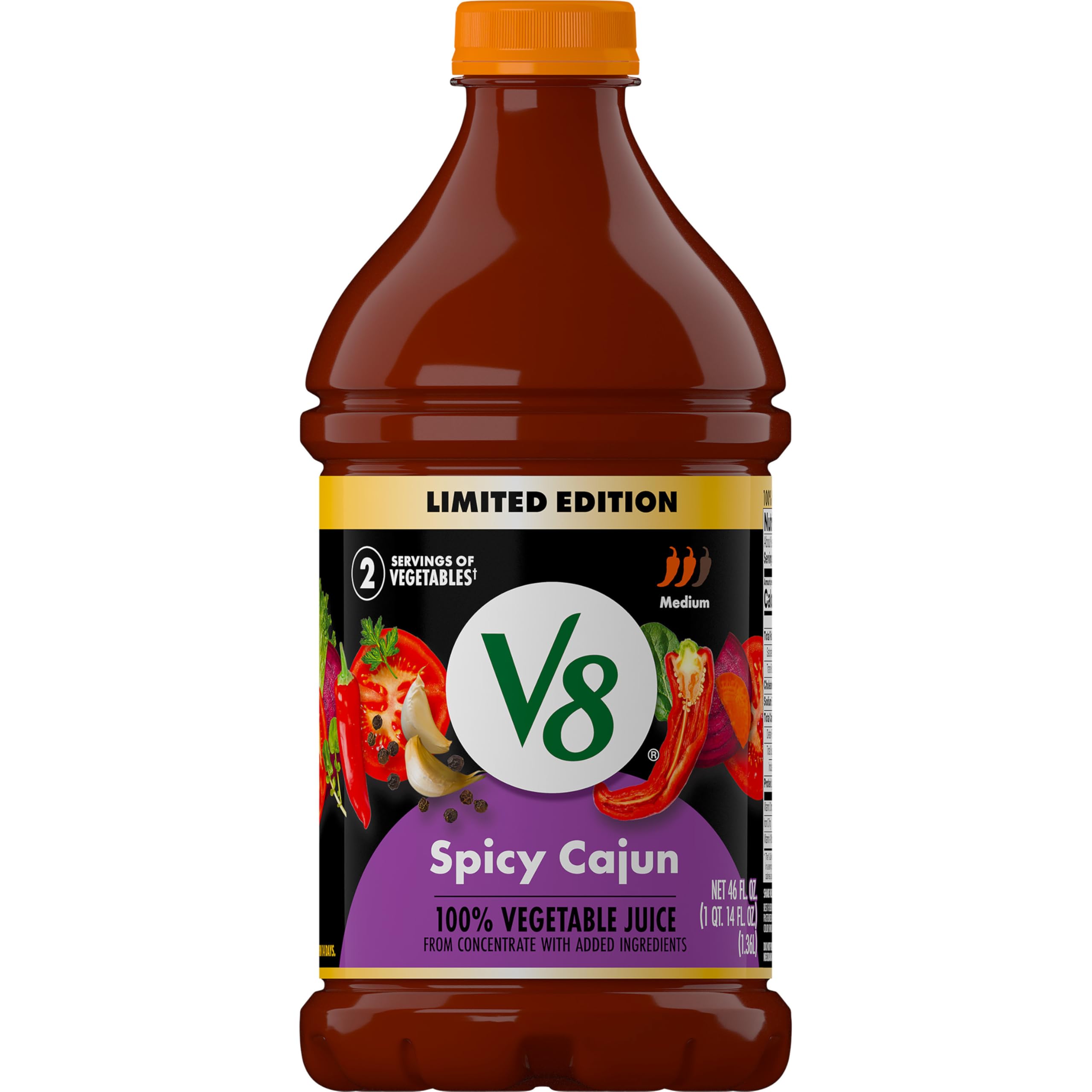 V8 Spicy Cajun 46oz bottle on counter highlighting bold vegetable flavor for meals.