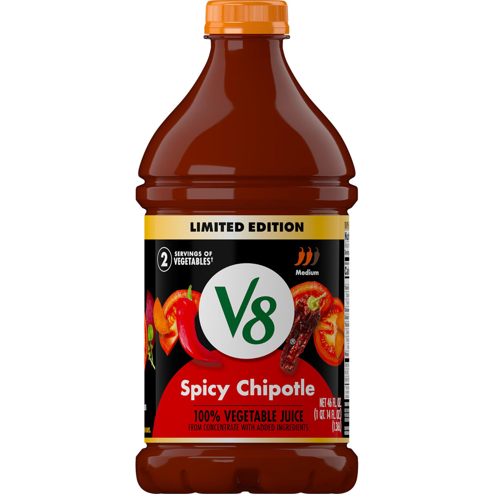 V8 Spicy Chipotle bottle front shows bold, vegetable-forward flavor ready to sip.