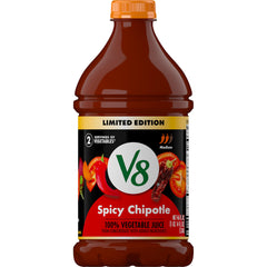 V8 Spicy Chipotle bottle front shows bold, vegetable-forward flavor ready to sip.
