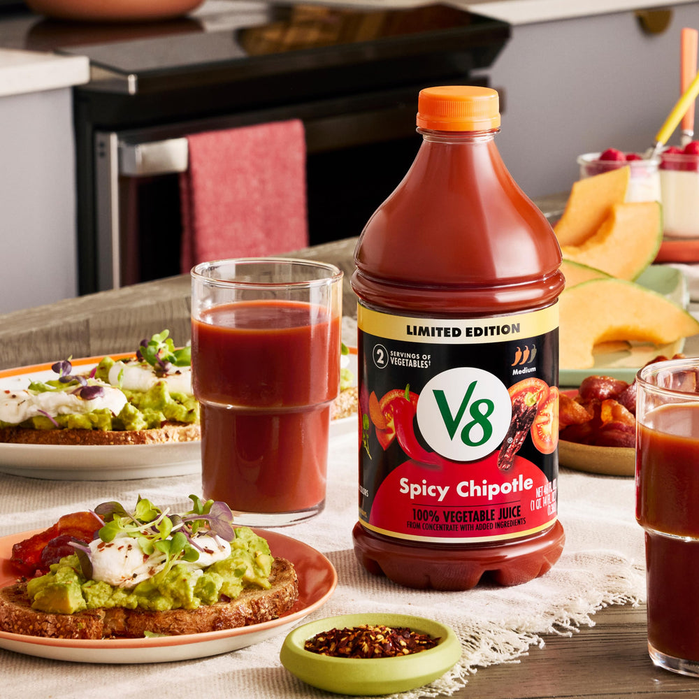 V8 Spicy Chipotle label detail notes gluten-free and no artificial colors.