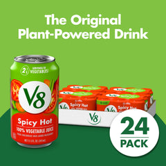 V8 Spicy Hot 100% Vegetable Juice 24-pack displayed for on-the-go veggie intake.
