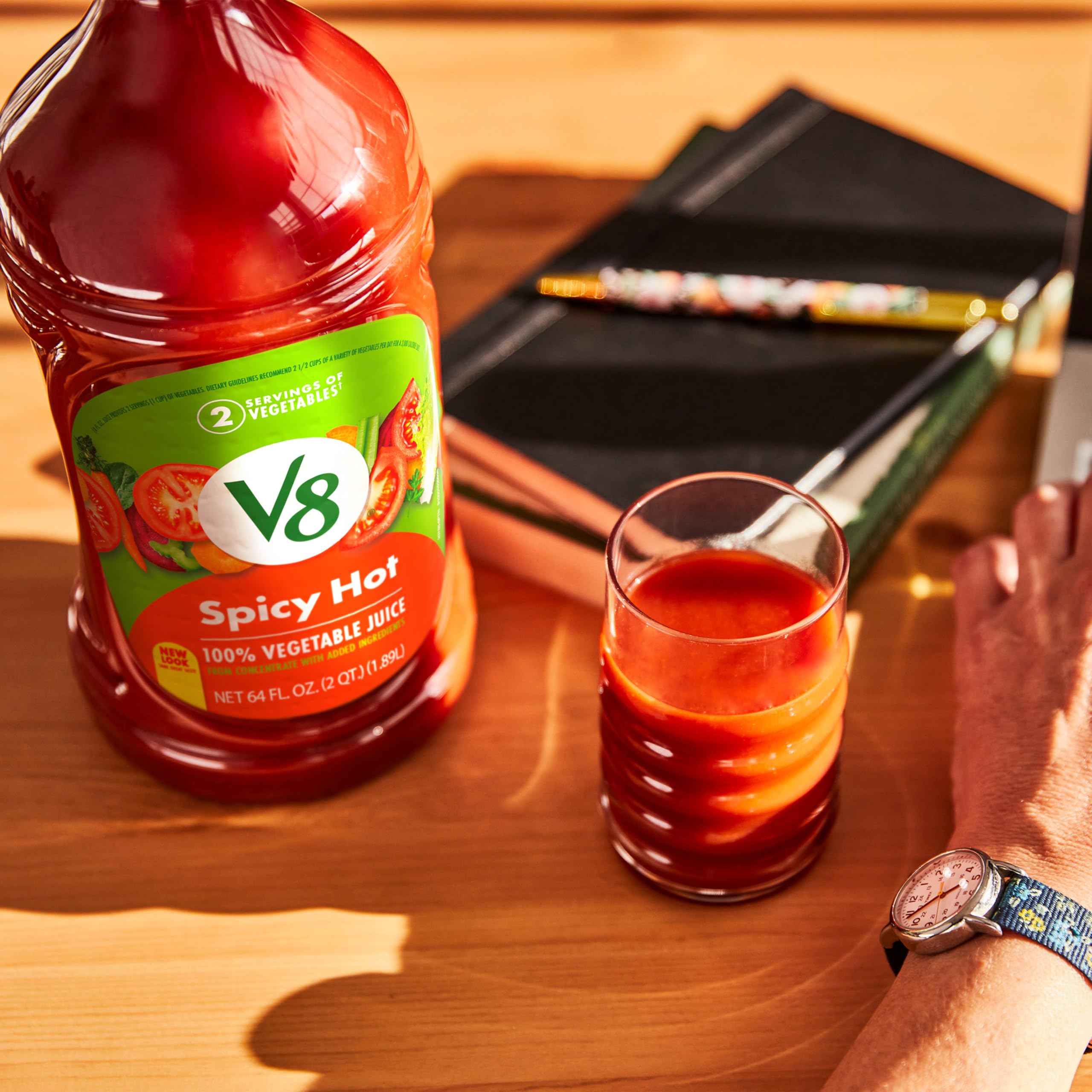 V8 Spicy Hot bottle on the kitchen counter suggesting cooking uses.