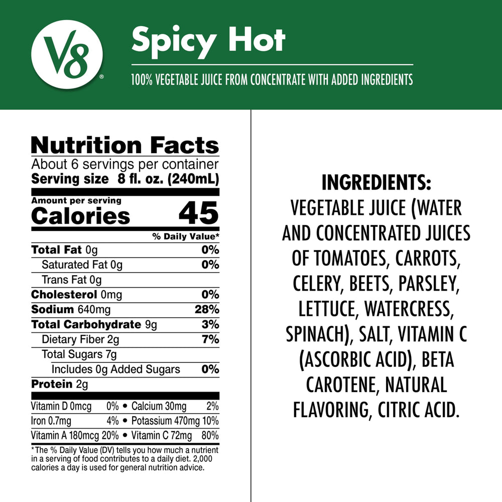V8 Spicy Hot served over ice for a refreshing veggie-forward drink option