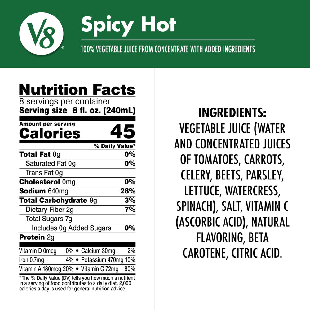 V8 Spicy Hot juice poured over ice for a zesty refreshment.