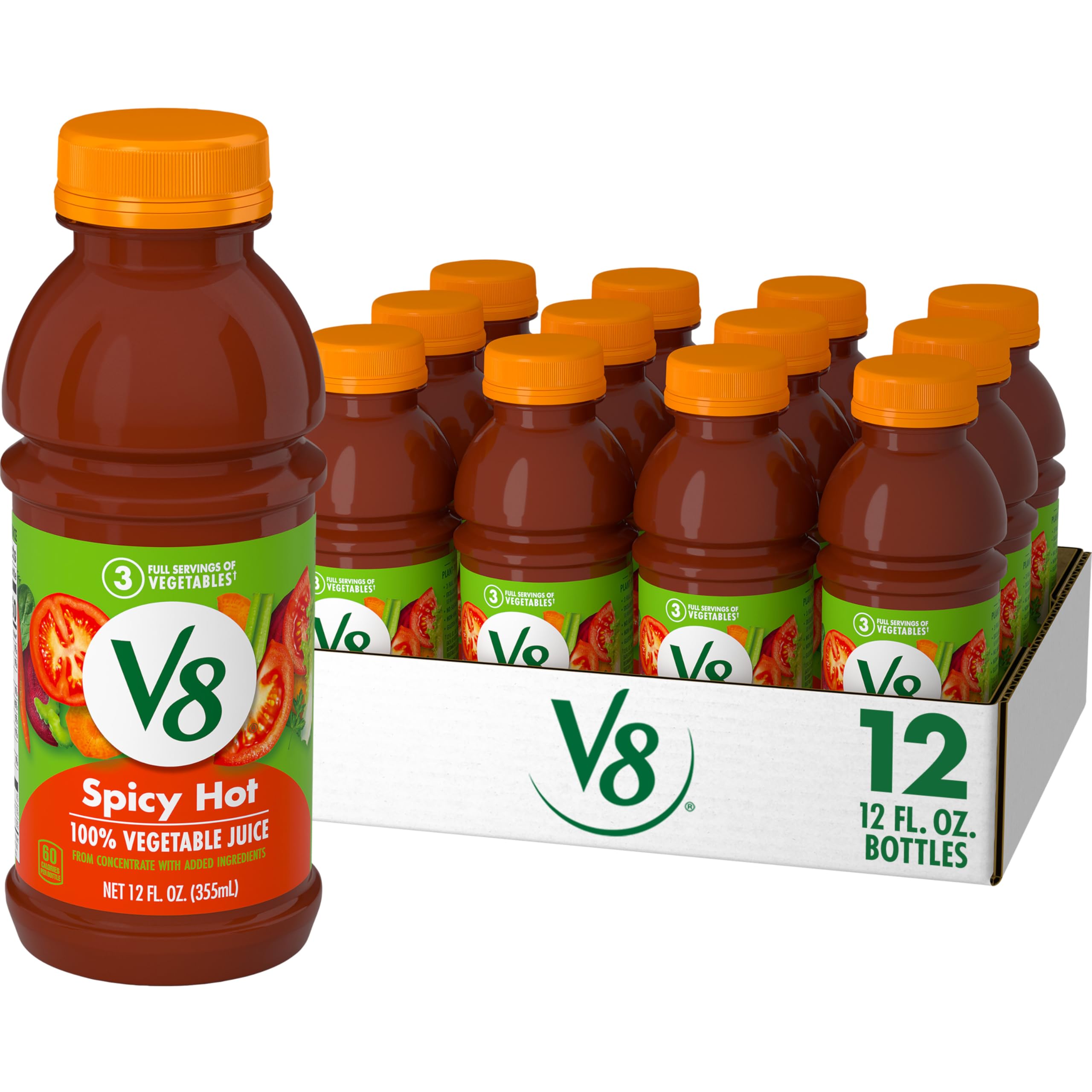 V8 Spicy Hot 100% Vegetable Juice bottle, bold flavor and veggie-rich nutrition