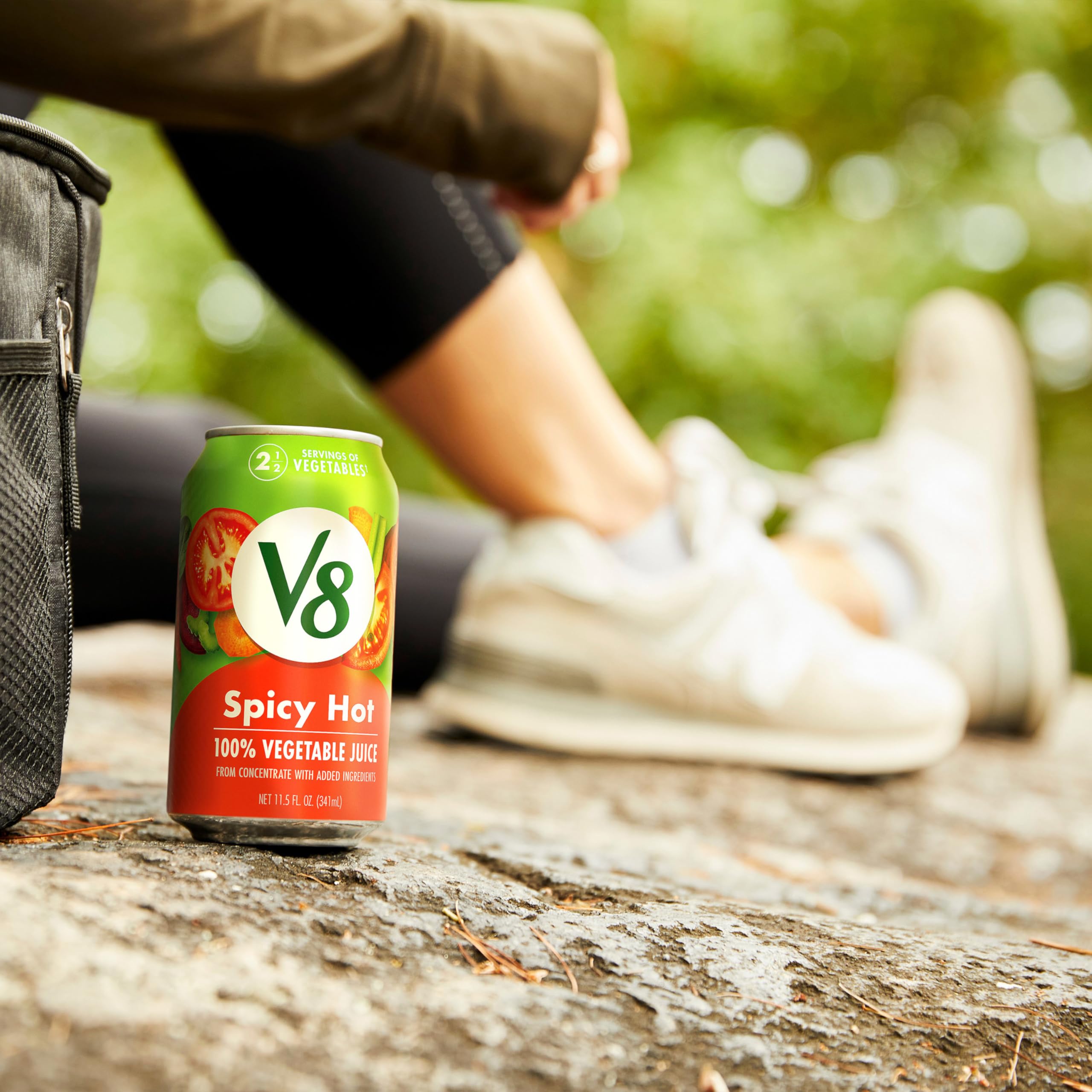 Serving V8 Spicy Hot with garnishes for breakfast or post-workout