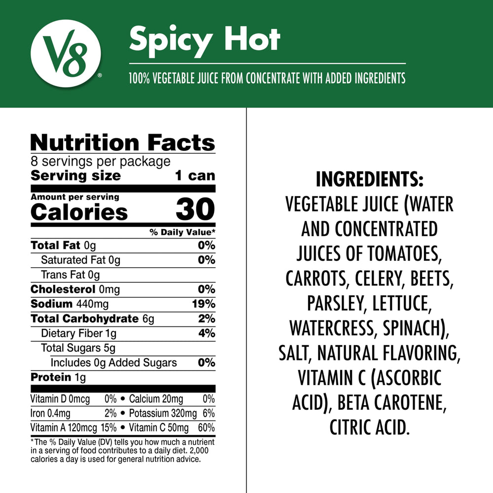 V8 Spicy Hot juice pour in glass highlights savory flavor and veggie benefits.