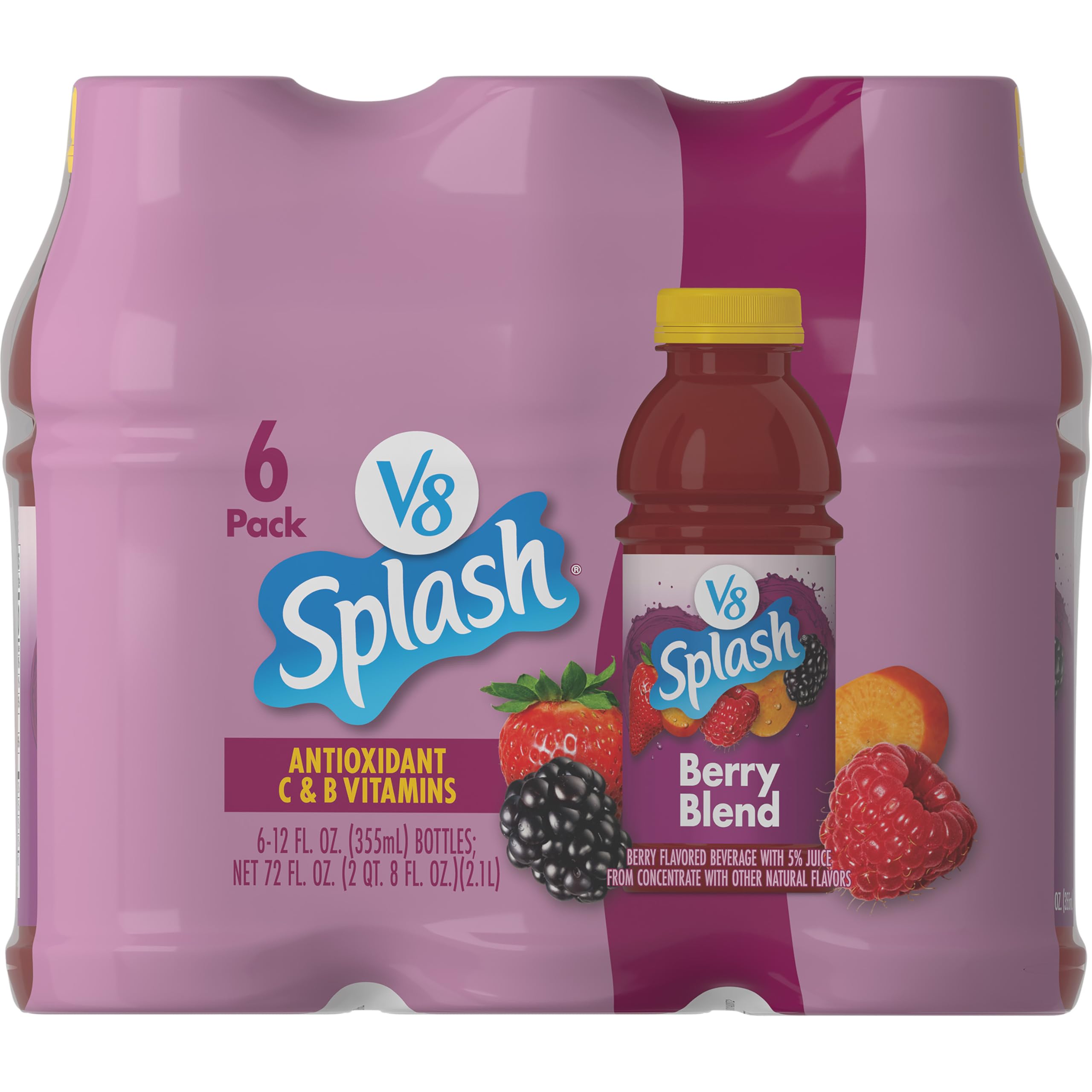 V8 Splash Berry Blend bottle with berry-forward flavor and 5% juice for everyday refreshment.