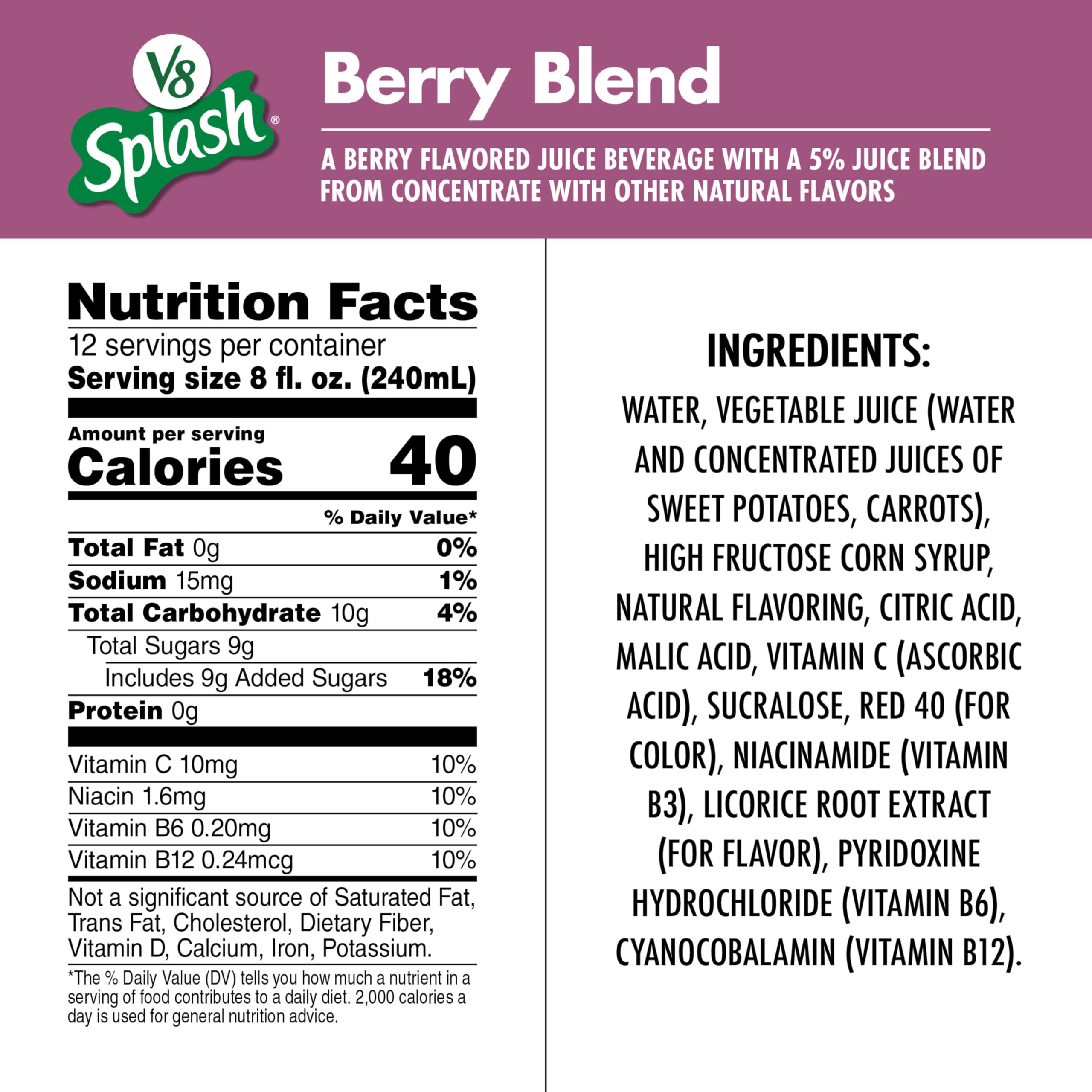V8 Splash Berry Blend label details highlight 5% juice and vitamins