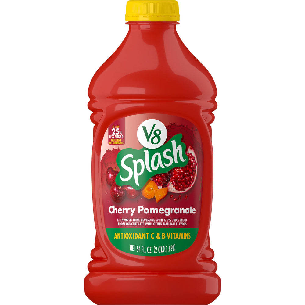 V8 Splash Cherry Pomegranate bottle showing a refreshing, lower-sugar option for busy mornings
