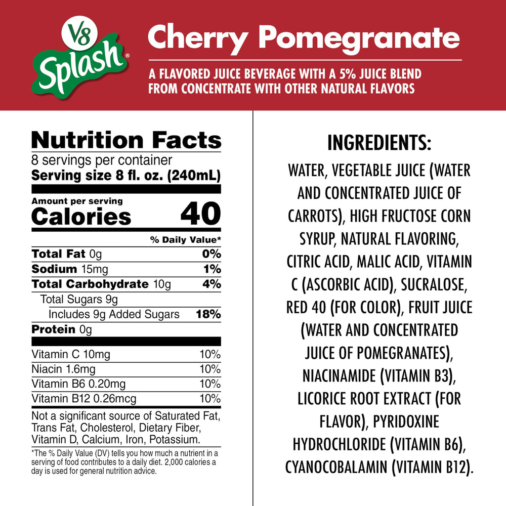 V8 Splash Cherry Pomegranate pour highlights a flavorful 5% juice blend with natural flavors
