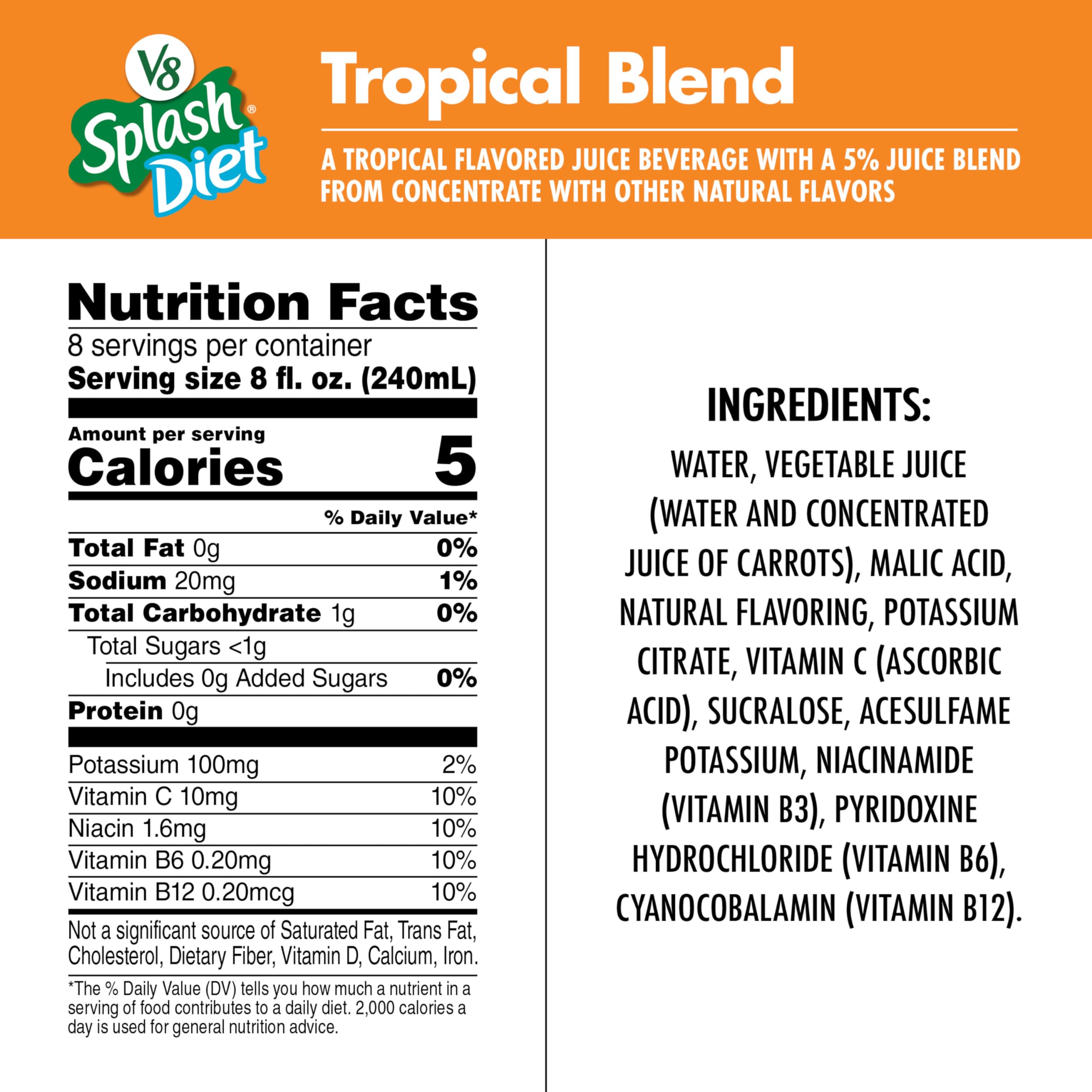 Pouring V8 Splash Diet Tropical Blend highlights a refreshing, sugar-light drink option.