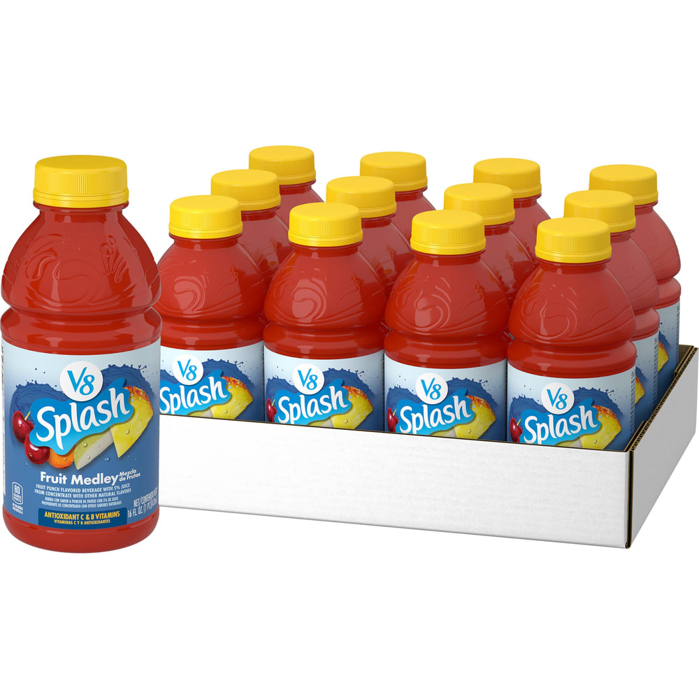 V8 Splash Fruit Medley bottle front, vibrant fruit colors for quick refreshment