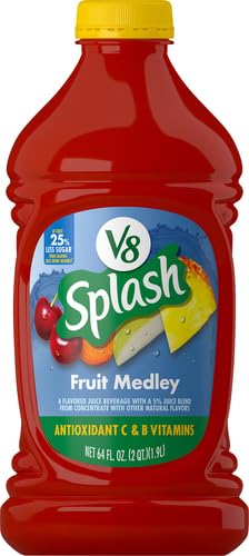 V8 Splash Fruit Medley glass on a counter, ideal for a quick smoothie starter.