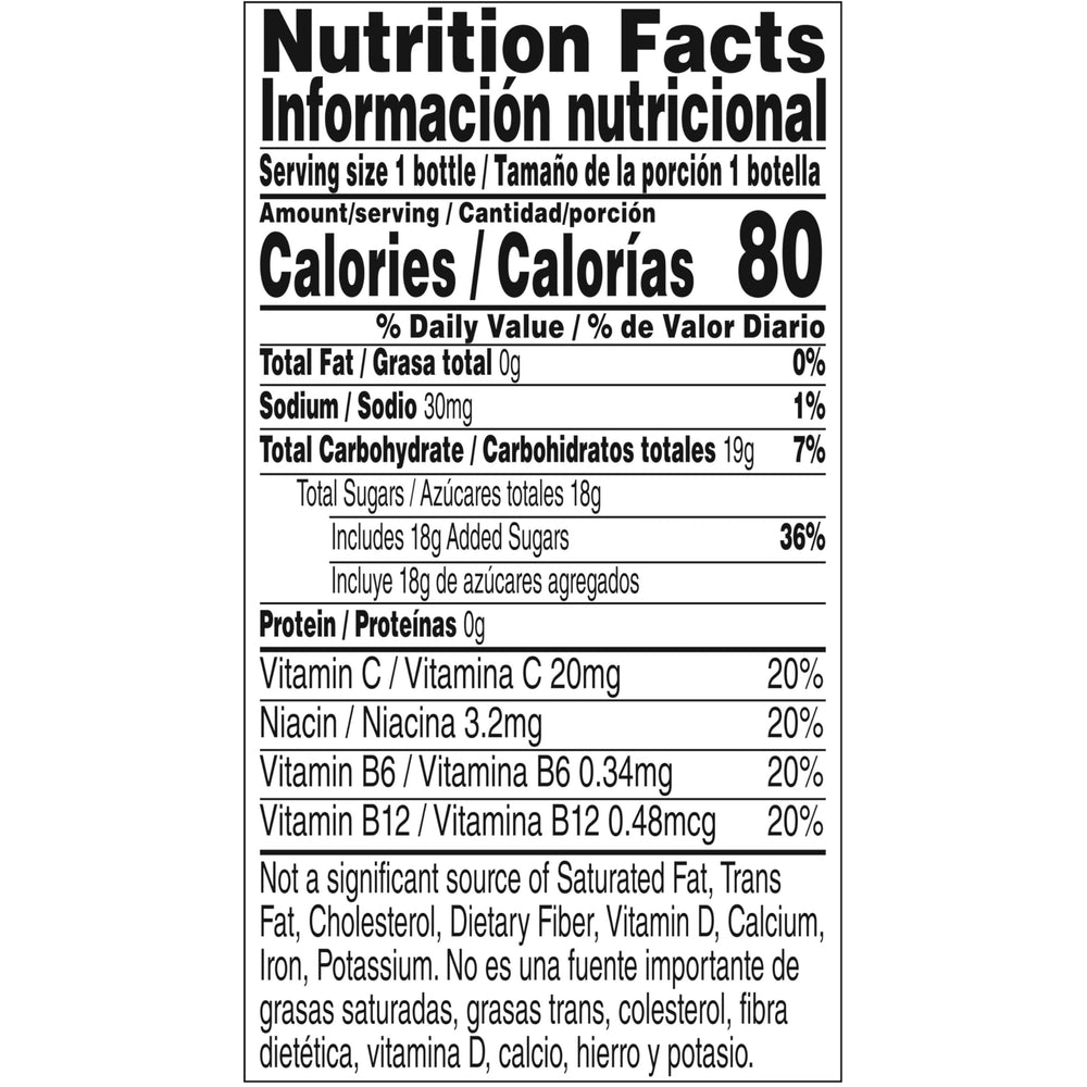 V8 Splash Fruit Medley ingredients label showing a 5% juice blend and vitamins