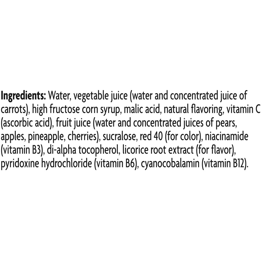 Close-up of V8 Splash Fruit Medley label highlighting vitamins.