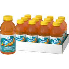 V8 Splash Mango Peach bottle highlighting 80 calories per bottle and natural flavors.