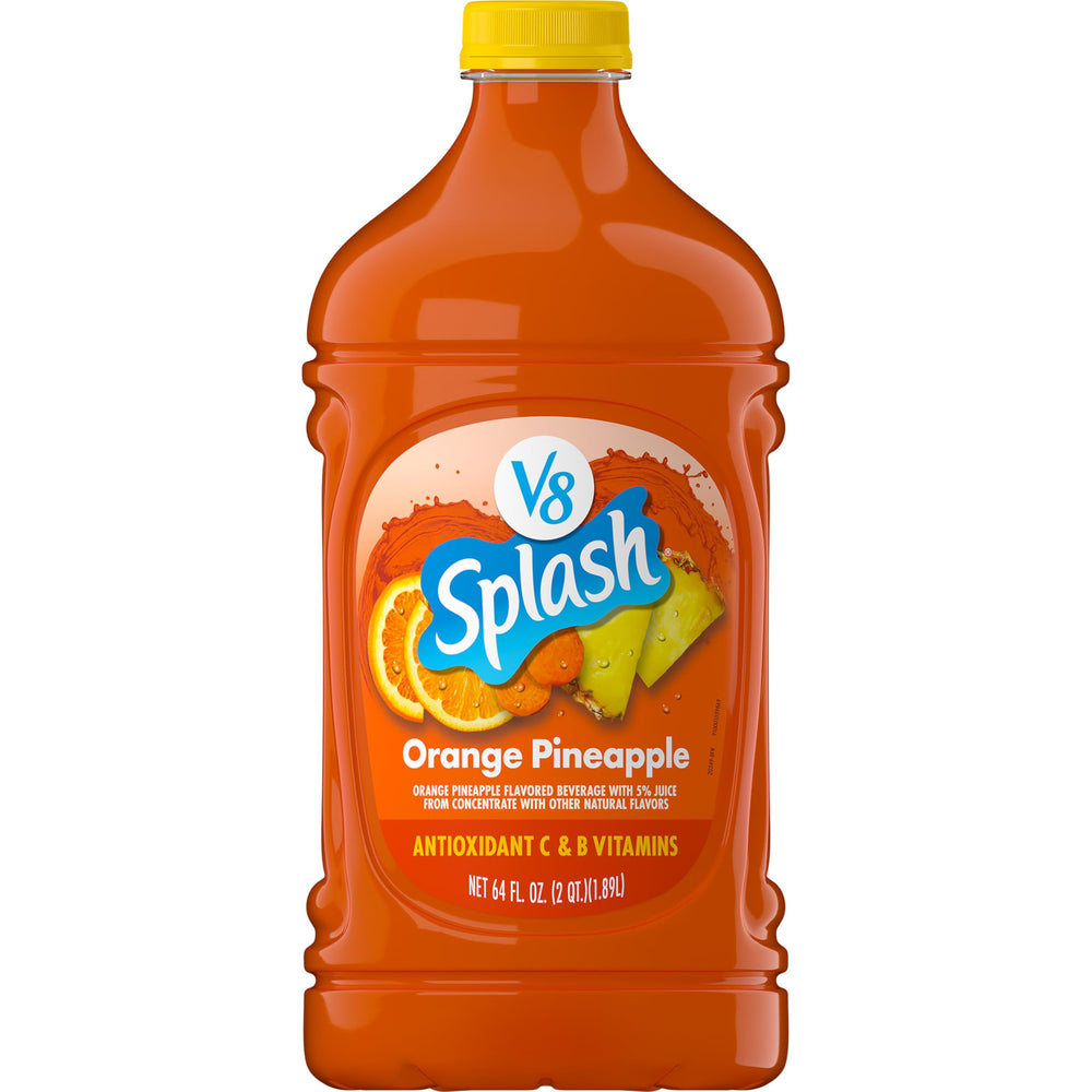 V8 Splash Orange Pineapple bottle front view showing a refreshing, lower-calorie juice option