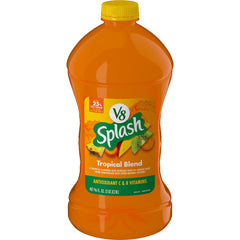 V8 Splash Tropical Blend bottle front showing tropical juice for family refreshment.