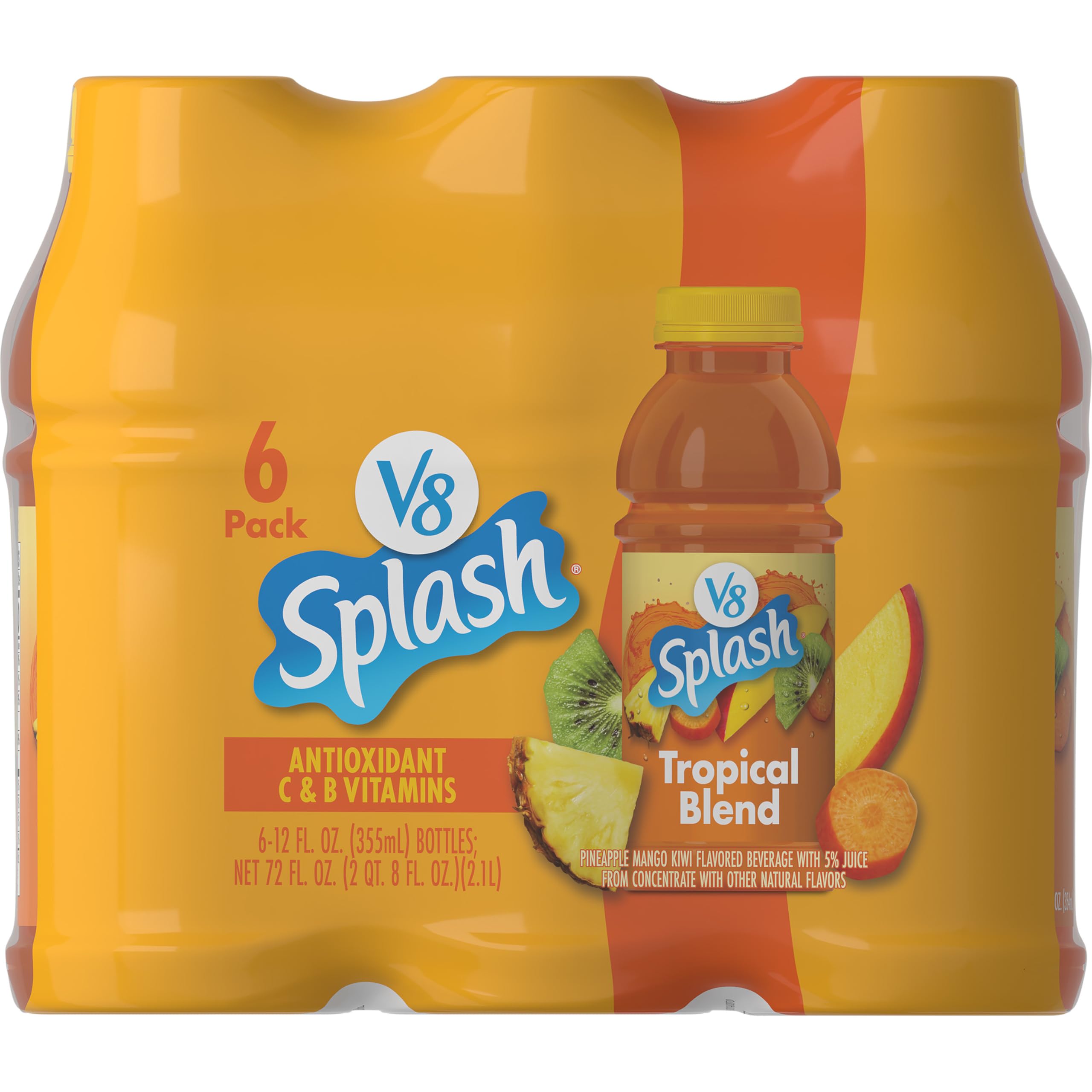 V8 Splash Tropical Blend bottle pouring with tropical flavors for a refreshing start to the day.
